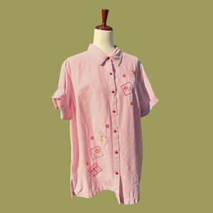 White Stag Women’s Striped Embroidered Button Up Blouse Sz 18W/20W Cottagecore